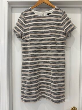 Striped Short-Sleeve Shift Dress in Ivory and Black